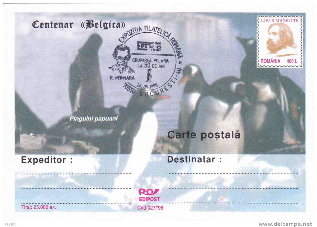 Antarctica.Ship BELGICA,explorateurs LOUIS MICHOTTE Obliteration Concordante 1998 ,stationery Postcard Romania. - Explorers