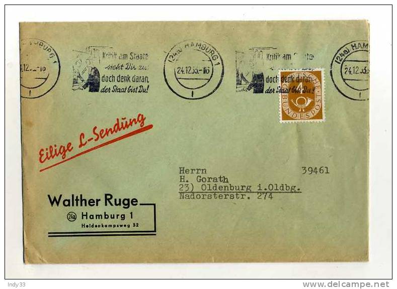 - ALLEMAGNE RFA . AFFRANCHISSEMENT SIMPLE SUR ENVELOPPE COMMERCIALE DE 1953 - Covers & Documents