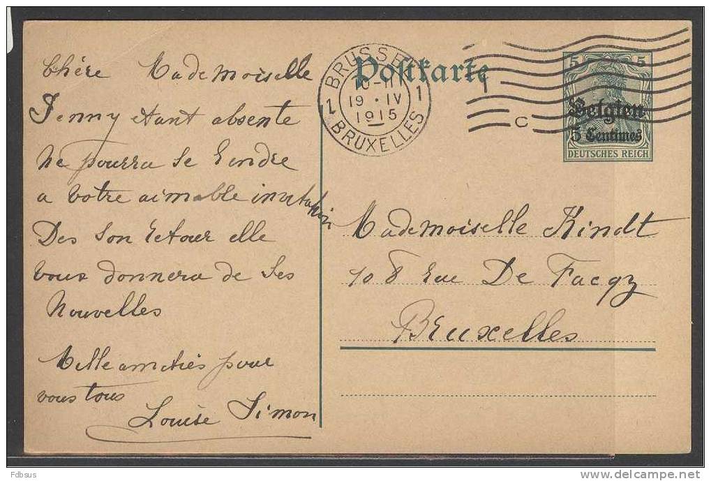 1915  BELGIEN 5 Centimes POSTKARTE VAN BRUSSEL - Occupazione Tedesca