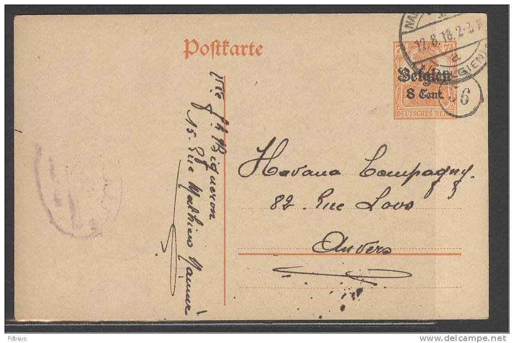 1918  BELGIEN 8 Cent. POSTKARTE NAMUR NAMEN NAAR ANVERS - Occupation Allemande