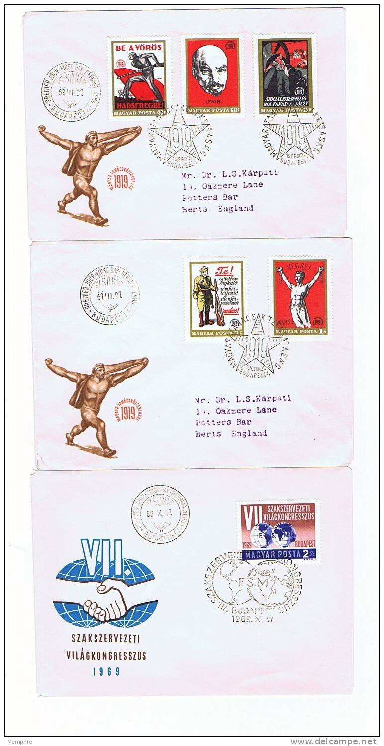 1969 50th Ann Hungarian Soviet Republic  On 2 Covers + World Trade Union Congress -- Mi Nr  2486-90 +2545 - FDC