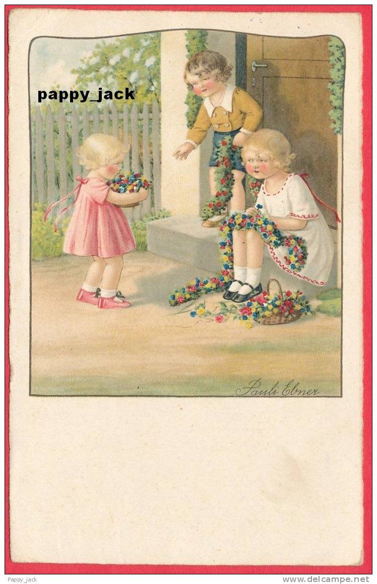 Illustrator Pauli Ebner 3 Children Enfants  Making Flower Garlands  Circulated Postmark  1937  Stamp # 206 - Ebner, Pauli
