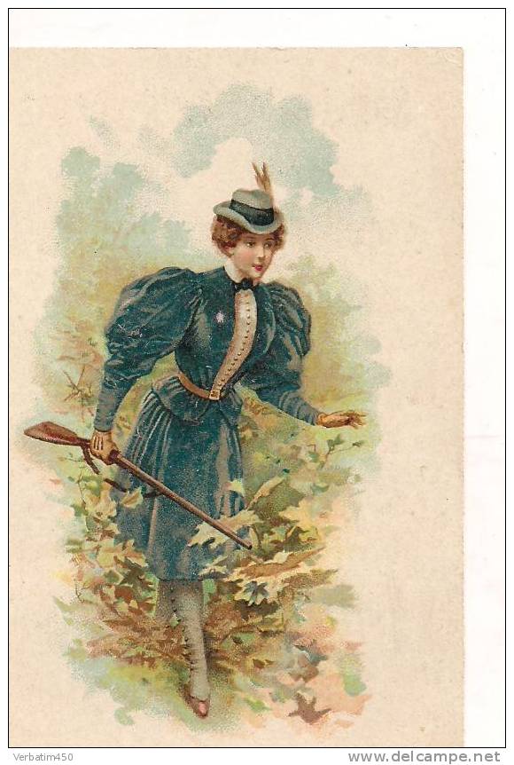 CHROMO SOCIETE DES AMIDONNERIES AU CHIEN..MARCOING...BELLE CHASSEUSE AVEC FUSIL ET CHAPEAU A PLUMES .....10.5 CM X 7 CM - Autres & Non Classés