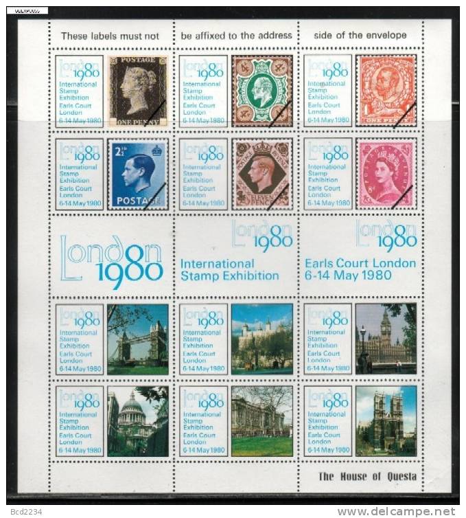 GB EXPO 1980 LONDON 1980 SHEET OF 15 LABELS Bridges Architecture Churches Cathedrals Parliament Queens - Cinderellas