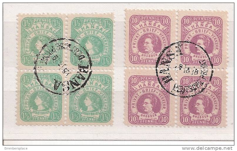 DRESDEN - 1886/7 HEADS 1-1/2pf (WOMAN) & 10pf (MAN) BLOCKS OF 4 WITH CENTRAL HANSA CANCEL - Postes Privées & Locales