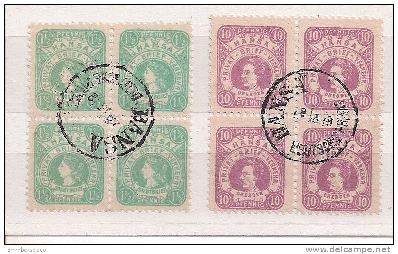 DRESDEN - 1886/7 HEADS 1-1/2pf (WOMAN) & 10pf (MAN) BLOCKS OF 4 WITH CENTRAL HANSA CANCEL - Posta Privata & Locale