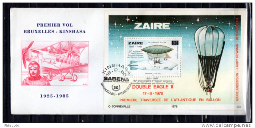 Inauguration Du Service Sabena Bruxelles-Kinshasa, Bf 59 FDC  Ballon - 1980-1989