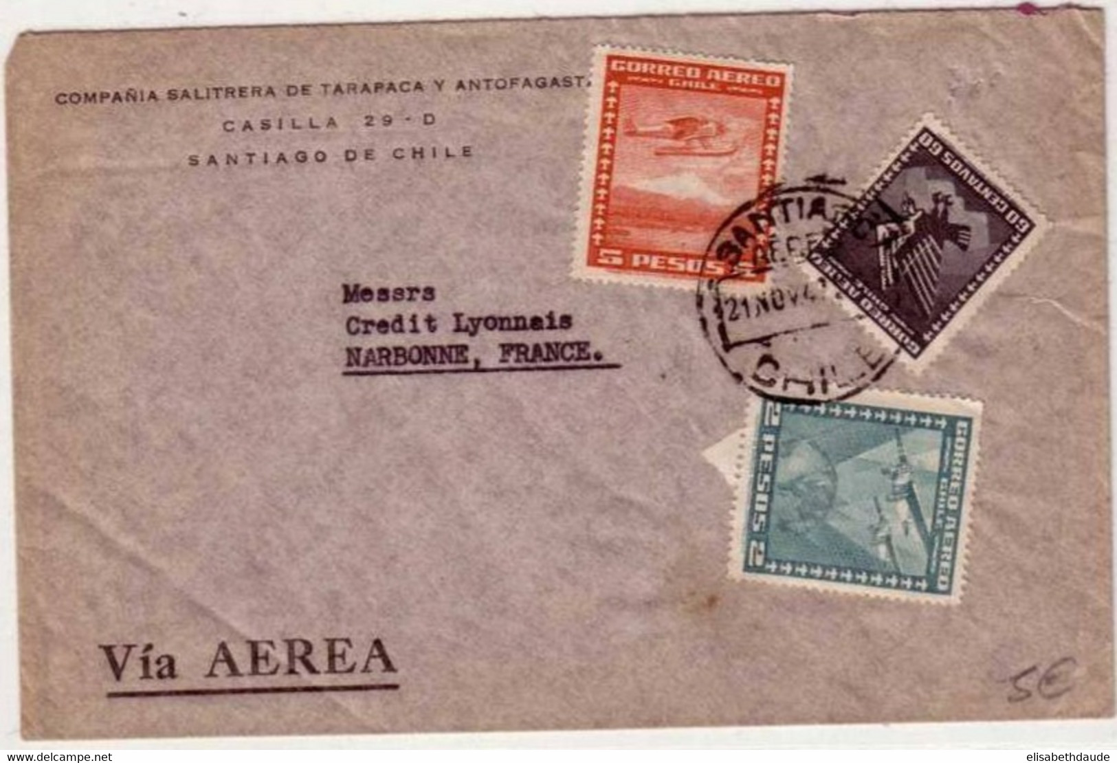 CHILI - LETTRE PAR AVION De SANTIAGO Pour NARBONNE (AUDE) - 194? - Chile