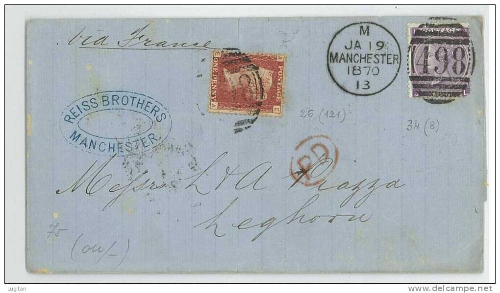 Storia Postale - GRAN BRETAGNA - 1870 - N° 26 + 34 - DA MANCHESTER PER LIVORNO - Brieven En Documenten