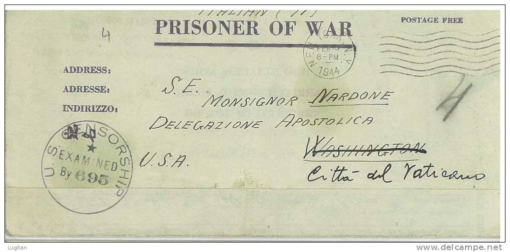 Storia Postale - STATI UNITI - USA - PRISONER OF WAR YEAR 1944 - DELEGAZIONE APOSTOLICA IN WASHINGTON - - Poststempel