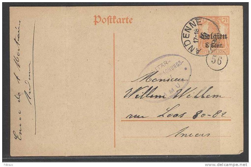 1918  BELGIEN 8 Cent. POSTKARTE   VAN ANDENNE NAAR ANVERS + MILITAIRE BLAUWE STEMPEL - Occupazione Tedesca
