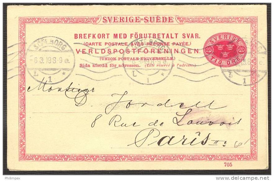 SWEDEN, RARE STATIONERY POST CARD, REPLY CARD FOR ABROAD 1919 TO PARIS - Entiers Postaux