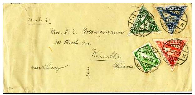 10c, 15c And 25c Bleriot XI Plane Triangle And 5s Arms And Shield 1935 Riga, Latvija To Winnetka, Ill.  Crease At Lef... - Letland