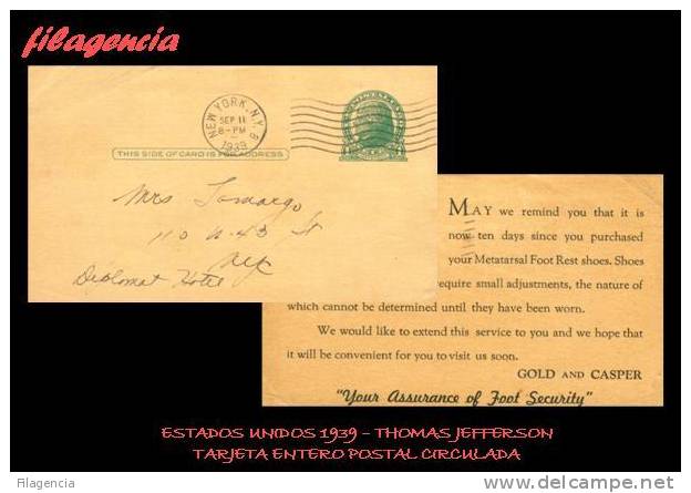 PIEZAS. ESTADOS UNIDOS. ENTEROS POSTALES. TARJETA ENTERO POSTAL 1939. THOMAS JEFFERSON. TARJETA CIRCULADA - 1921-40