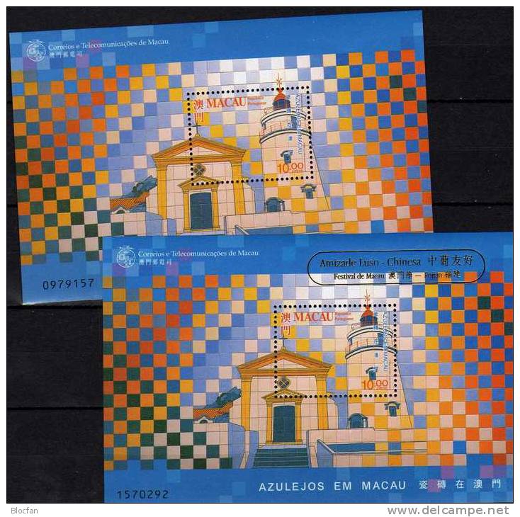 Chinesische Festival 1998 MACAU Block 61+ 61I ** 9€ Azulejos-Kacheln Leuchtturm Gold Overprint Lighthouse Sheet Bf Macao - Colecciones & Series