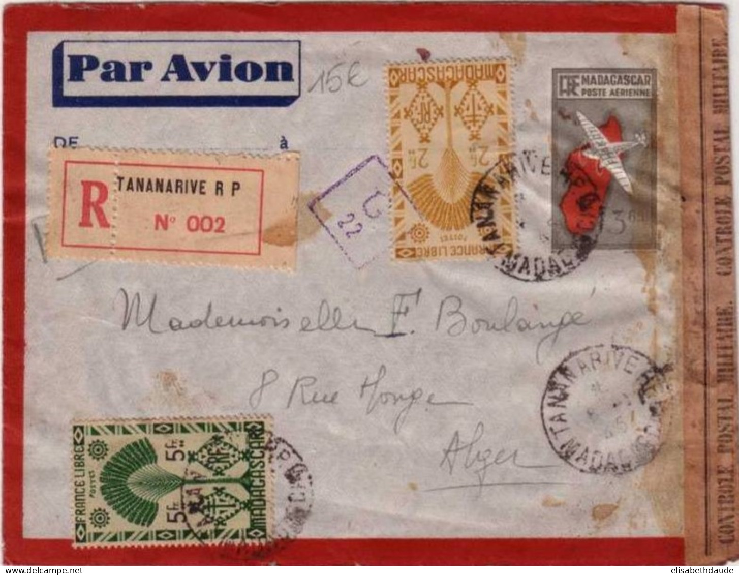 MADAGASCAR - 1945 - LETTRE RECOMMANDEE Par AVION CENSUREE De TANANARIVE Pour ALGER (ALGERIE - GUERRE 39/45) - Covers & Documents