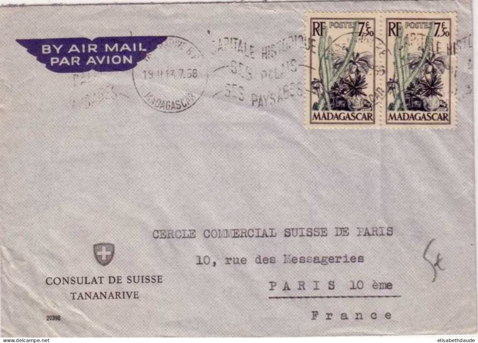 MADAGASCAR - 1956 - LETTRE Par AVION Du CONSULAT SUISSE De TANANARIVE Pour PARIS - Cartas & Documentos