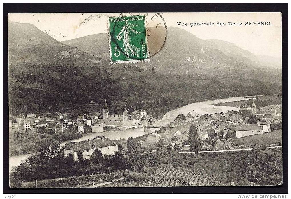 CPA  ANCIENNE- FRANCE- LES DEUX SEYSSEL (01)-  VUE GENERALE ET LE PONT SUSPENDU SUR LE RHONE- VIGNES DEVANT- - Seyssel