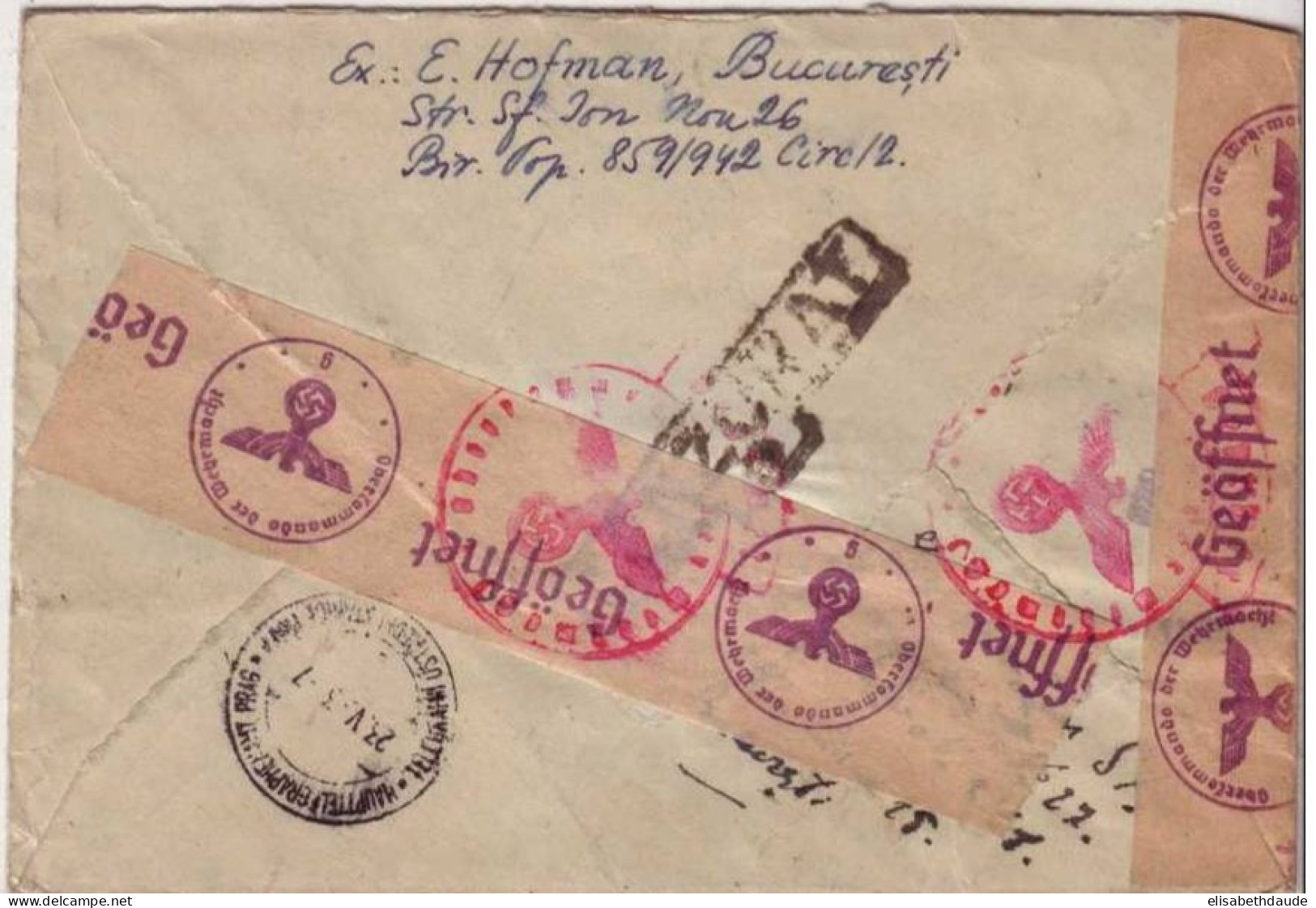 ROUMANIE / BÖHMEN - 1943 - LETTRE AVION + CENSURES De BUCAREST => PRAGUE - ARRIVEE: SERVICE TELEGRAPHIE (PNEUMATIQUE) - Lettres & Documents