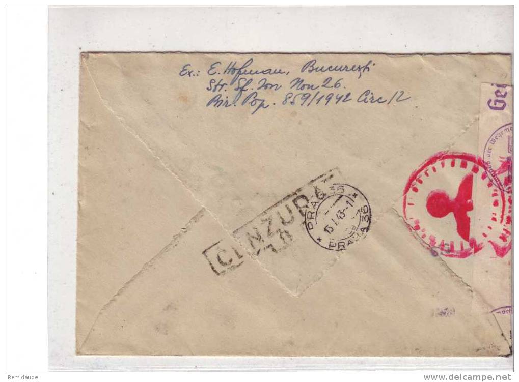 ROUMANIE - 1943 - LETTRE Avec CENSURES De BUCAREST Pour PRAGUE - GUERRE 39/45 - World War 2 Letters