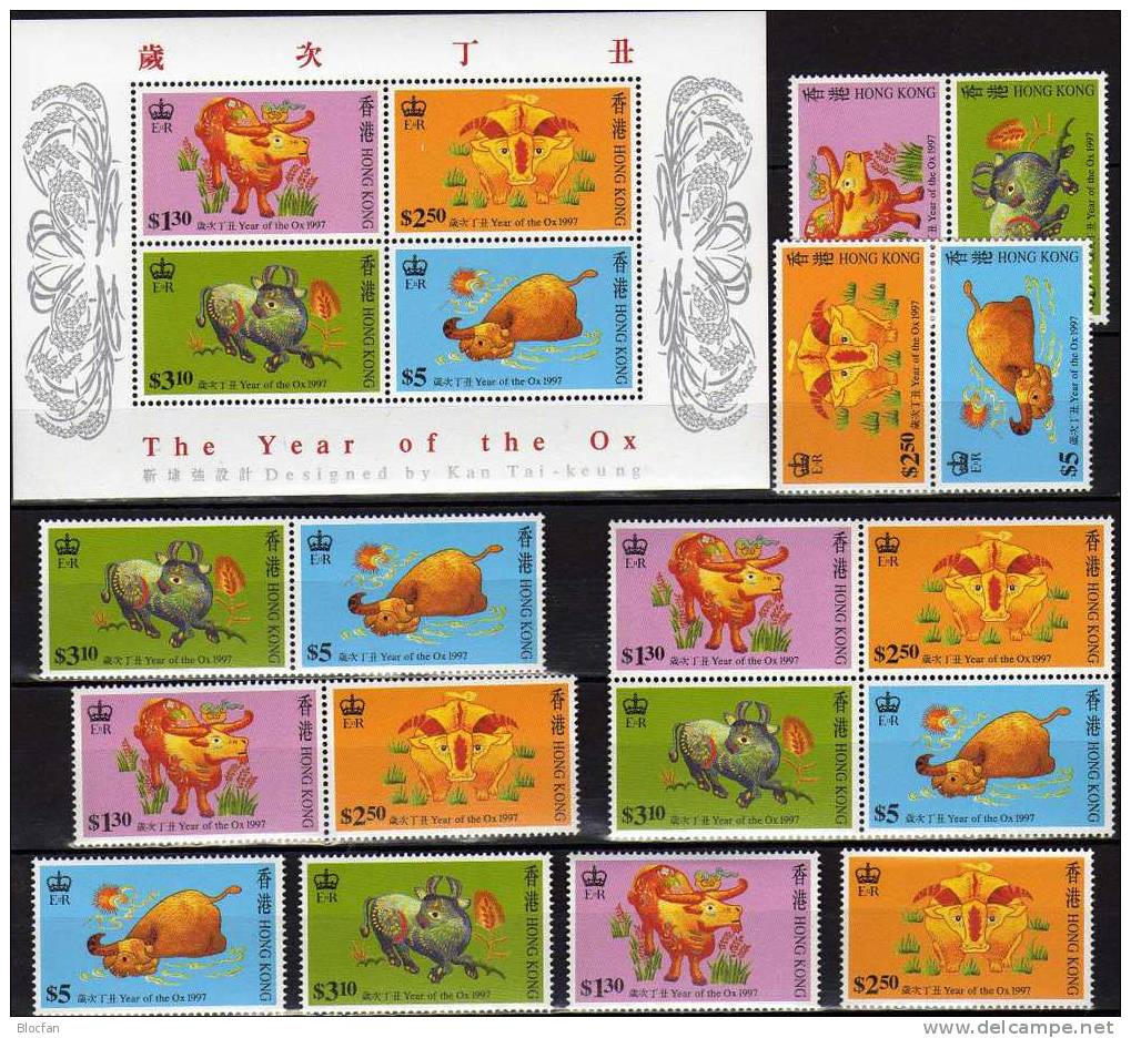 Happy New Year Jahr Des Ochsen 1997 HONG KONG Hongkong 785/8, 5ZD Plus Block 45 ** 22€ Chinesisches Neujahr Stickerei - Neufs