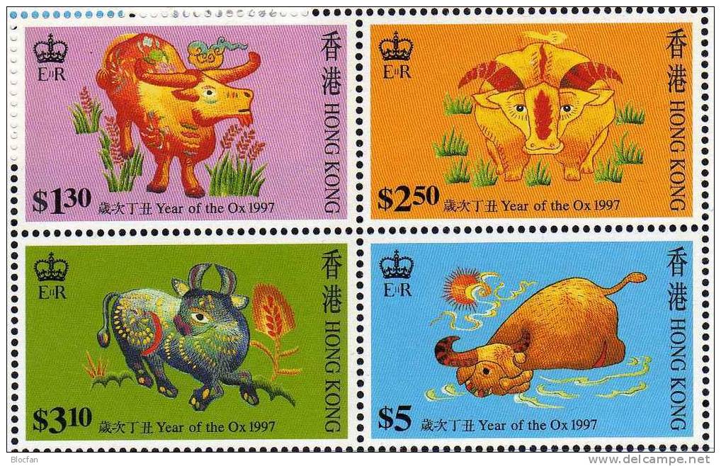 Happy New Year Jahr Des Ochsen 1997 HONG KONG Hongkong 785/8, 5ZD Plus Block 45 ** 22€ Chinesisches Neujahr Stickerei - Neufs