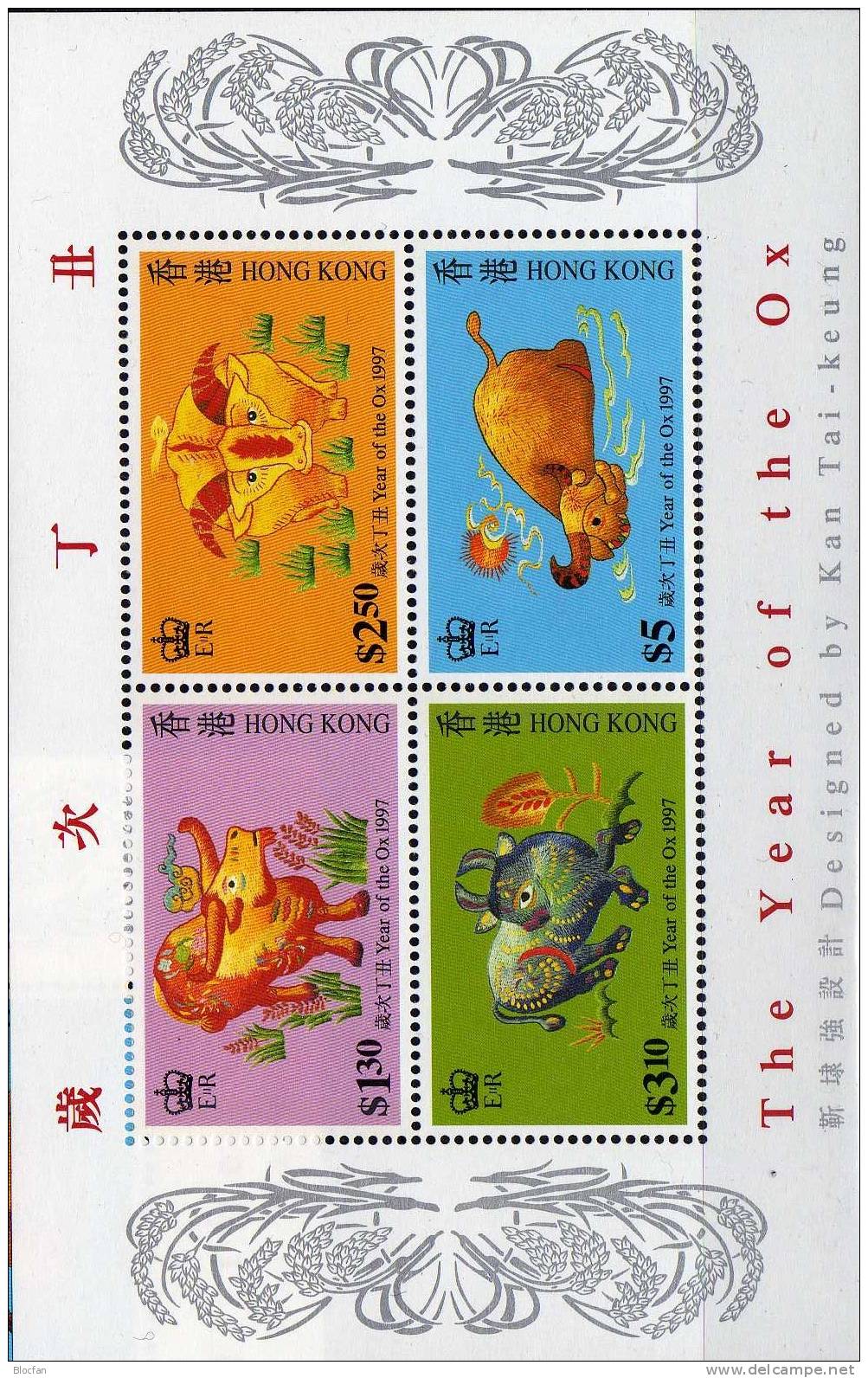 Happy New Year Jahr Des Ochsen 1997 HONG KONG Hongkong 785/8, 5ZD Plus Block 45 ** 22€ Chinesisches Neujahr Stickerei - Neufs