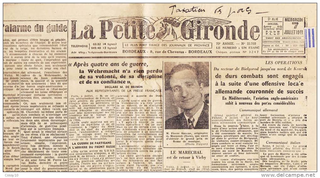 JOURNAL    LA PETITE GIRONDE  MERCREDI 7 JUILLET 1943  ( TAXE ) - Non Classés