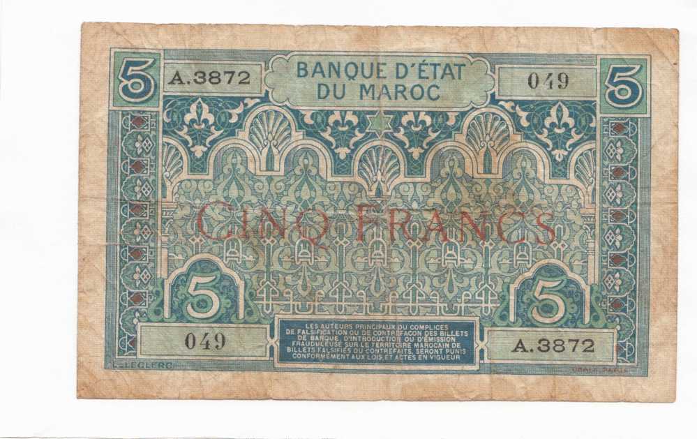 Morocco 5 Cinq Francs BANQUE D'ETAT DU MAROC 1924 P9 P 9 VF - Marocco