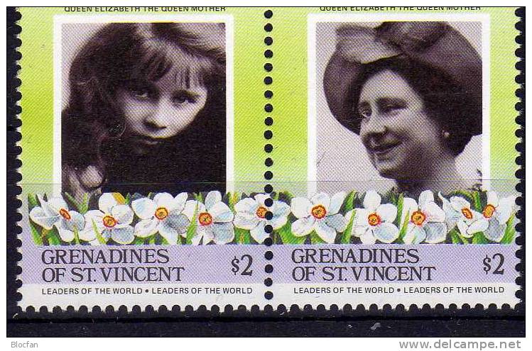 Queen Mother Grenadinen Of St. Vincent 421/2, ZD Plus Block 12 ** 16€ Als Mädchen, Zum 85, Geburtstag Mit Hut - St.Vincent (1979-...)