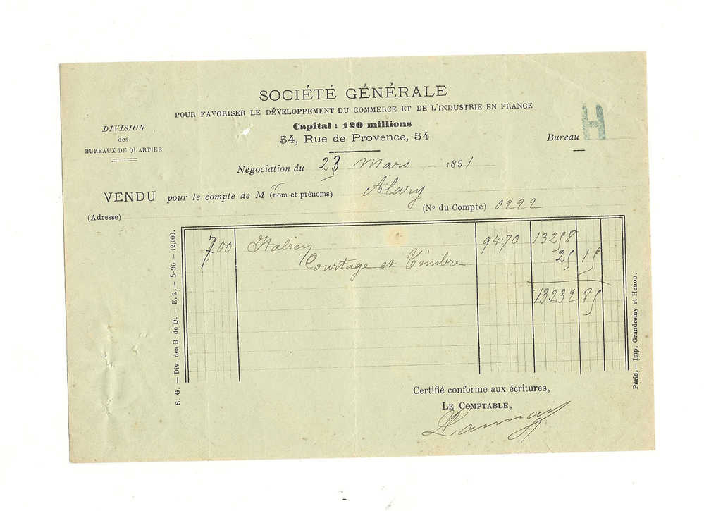 Actions, Société Générale - Bureau H - Vendu Pour Le Compte De Mr... - 23 Mars 1891 - Autres & Non Classés