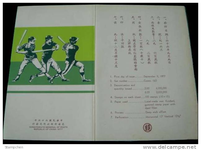Folder Taiwan 1977 Championships Baseball Game Stamps Sport Train Petrochemistry - Neufs