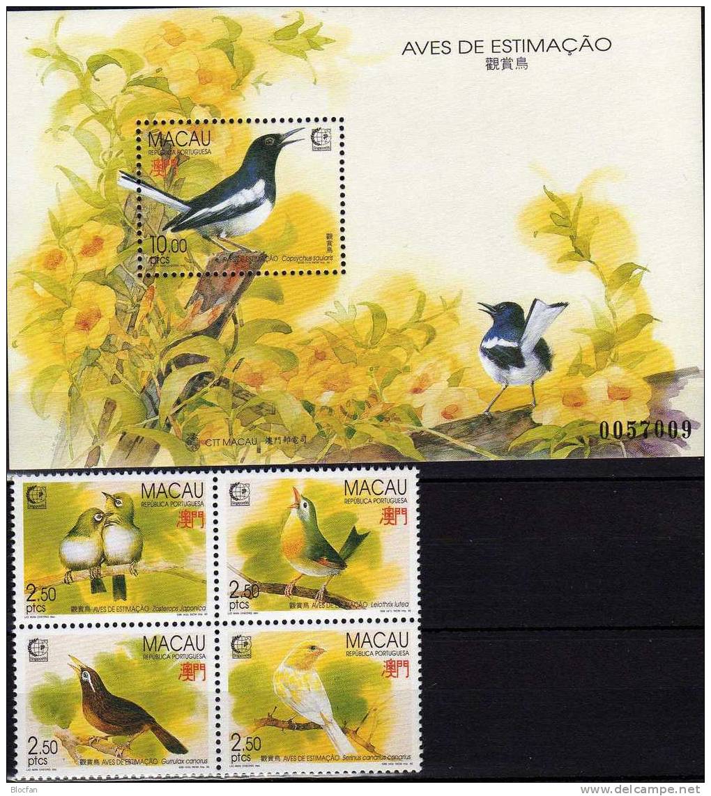 Singapore 1995 Macao 814/7, ZD, Block 30+ Kleinbogen ** 132€ Brillenvogel Sonnenvogel, Häherling, Kanarienvogel, Drossel - Hojas Bloque