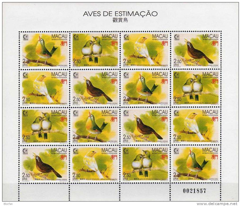 Singapore 1995 Macao 814/7, ZD, Block 30+ Kleinbogen ** 132€ Brillenvogel Sonnenvogel, Häherling, Kanarienvogel, Drossel - Hojas Bloque