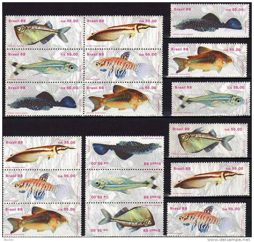 Süßwasser-Fisch 1988 Brasilien 2276/1,2ZD,6-Block+Kleinbogen ** 33€ Bauchfisch Gabelbart Neon Kärpfling Glanzwels BRAZIL - Verzamelingen (in Albums)