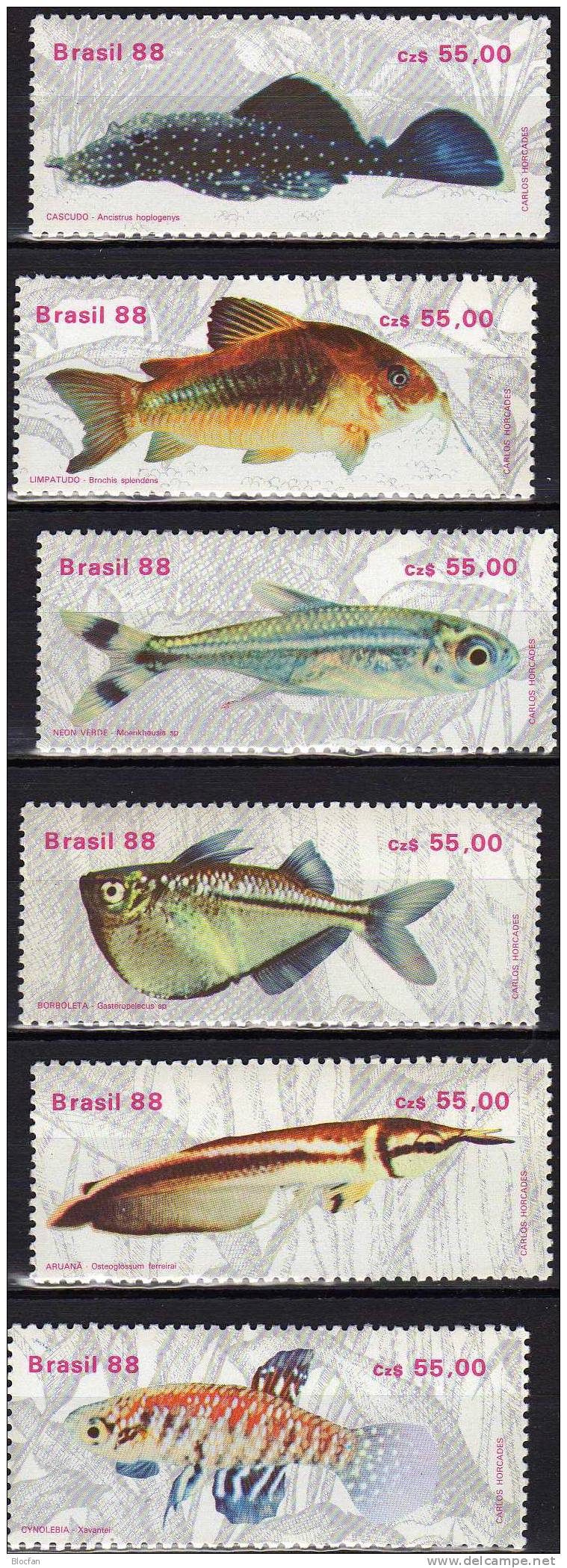 Süßwasser-Fisch 1988 Brasilien 2276/1,2ZD,6-Block+Kleinbogen ** 33€ Bauchfisch Gabelbart Neon Kärpfling Glanzwels BRAZIL