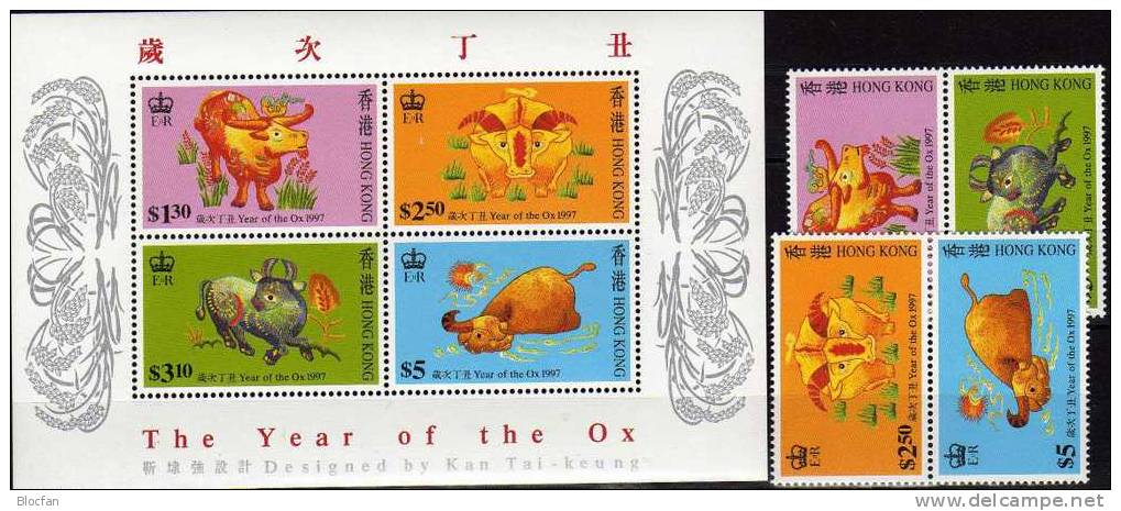 Happy New Year Jahr Ochsen 1997 Hongkong 785/8,ZD+Block 45 ** 22€ Neujahr CHINA Stickerei Year Ox Se-tenant Bf HONG KONG - Budismo