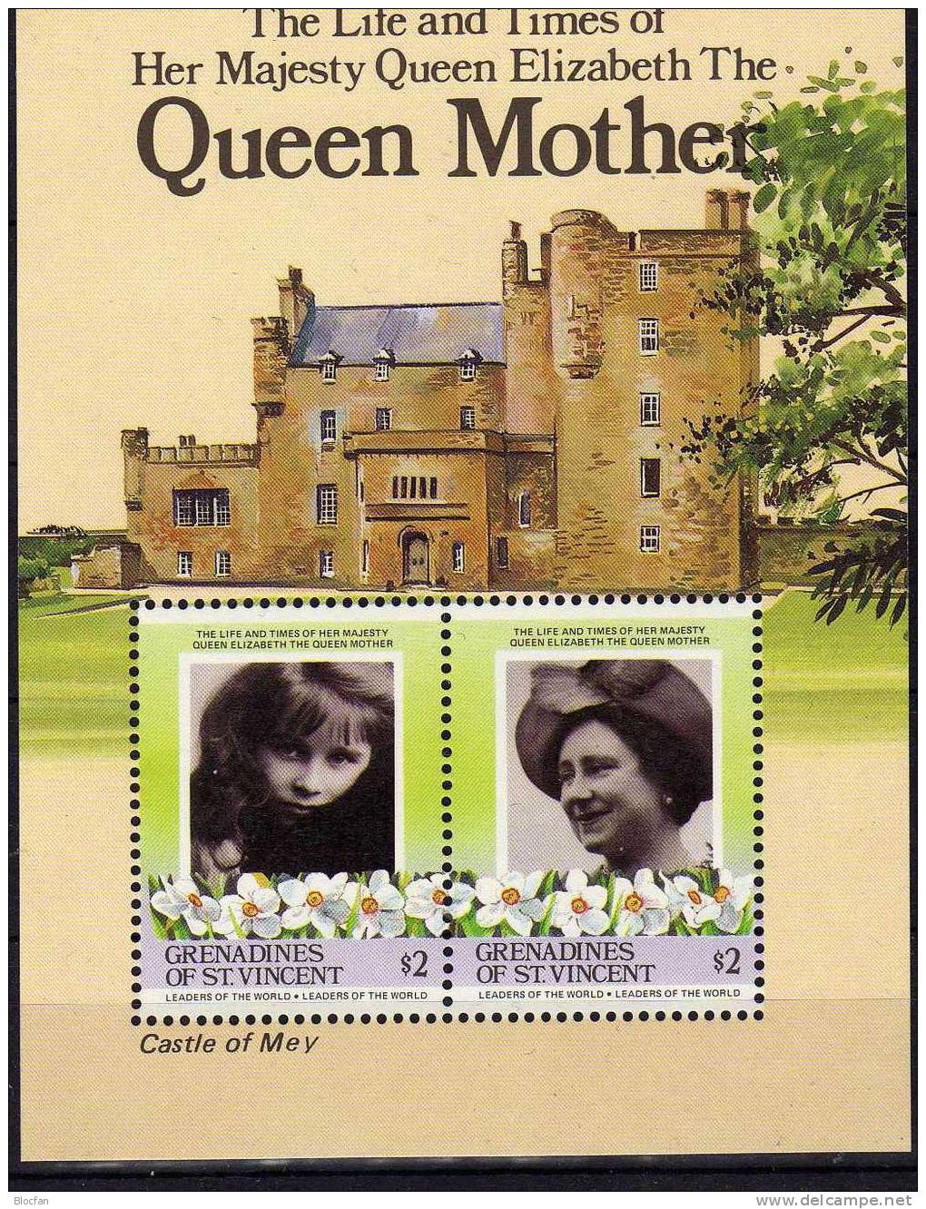 Queen Mother 1985 Grenadinen 421/2,ZD+Block 12 ** 16€ Als Mädchen Am 85.Geburtstag Mit Hut Queen Se-tenant Of St.Vincent - Fête Des Mères