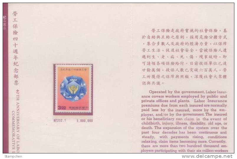 Folder Taiwan 1990 Labor Insurance Stamp Diamond Mineral Fishing Roller Taxi Factory - Neufs