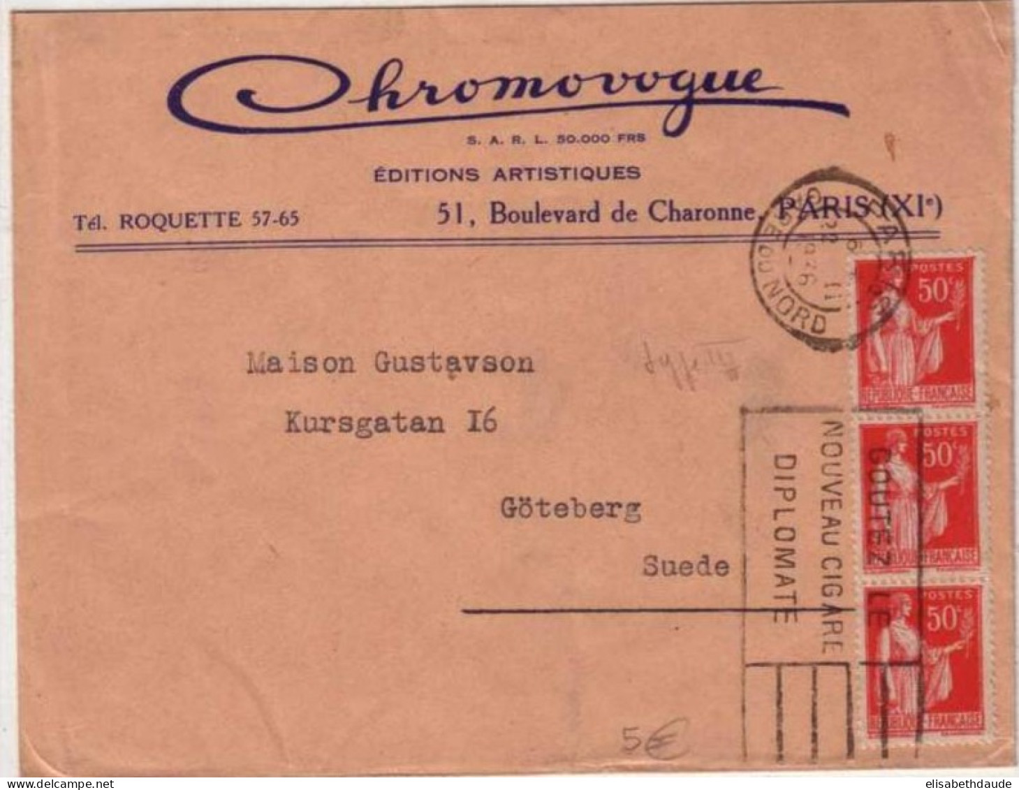 1936 - TYPE PAIX - Yvert N° 283e X 3 Sur LETTRE De PARIS Pour GÖTEBORG (SUEDE) ! - 1932-39 Paz