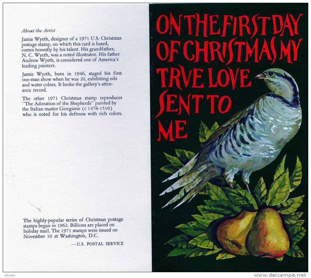 U.S.A: 1971 Très Beau Document 1er Jour (plié) Noël 71 Oiseau Perdrix Et L'adoration Par Giorgione - Briefe U. Dokumente