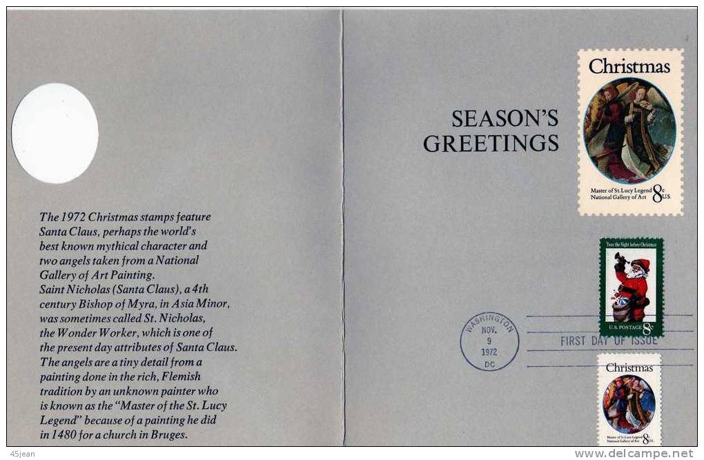 U.S.A: 1972 Très Beau Document 1er Jour (plié) Noël 72 Santa Claus Et Ange Au Violon - Brieven En Documenten