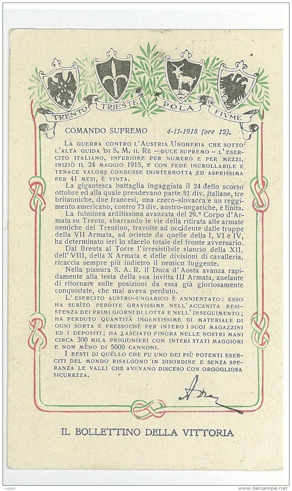 CARTOLINA - IL BOLLETTINO DELLA VITTORIA - TRENTO TRIESTE - POLA FIUME - NON COMUNE - COMANDO SUPREMO 4/11/1918 - Macerata