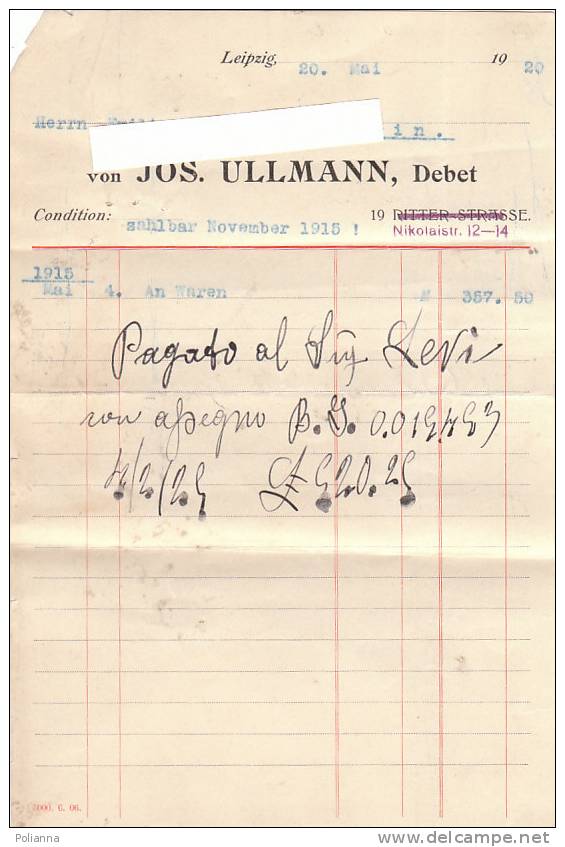 PO1710A# Ricevuta - JOS. ULLMANN, Debet - LEIPZIG 1920 - Otros & Sin Clasificación