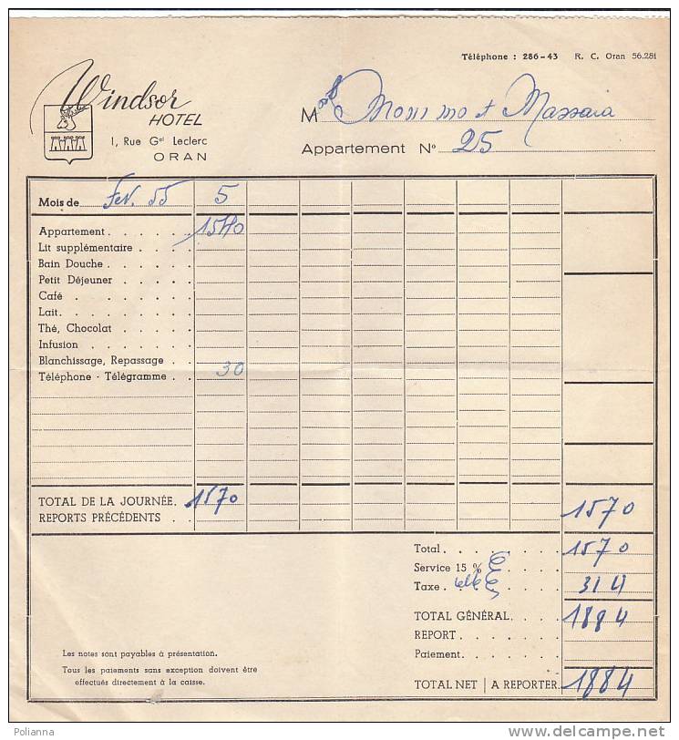 PO1714A# Ricevuta - WINDSOR HOTEL - ORAN Anni '50 - Sport & Tourismus