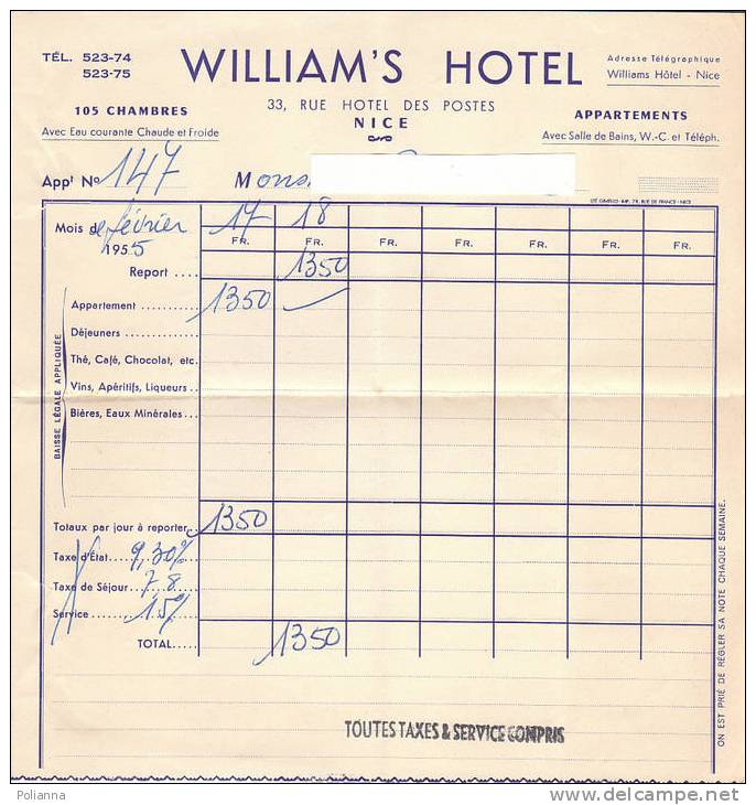 PO1715A# Ricevuta - WILLIAM'S HOTEL - NICE 1955 - Sport En Toerisme