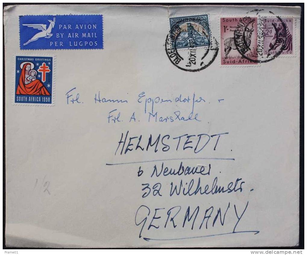 Cover / Brief / Lettre RSA  1958 Bloemfontein -- Germany, Christmas 1958 - Covers & Documents