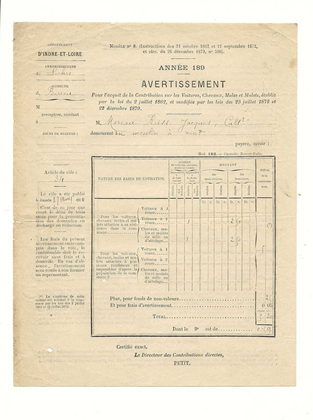Factures, Avertissement Pour L'Acquit De La Contribution Sur Les Voitures, Chevaux, Mules Et Mulets - Barrou(37) - 1890 - Automobile