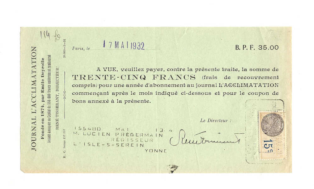 Factures, Traite Pour Abonnement Au Journal "l'Acclimatation" - 17 Mai 1932 - Imprimerie & Papeterie