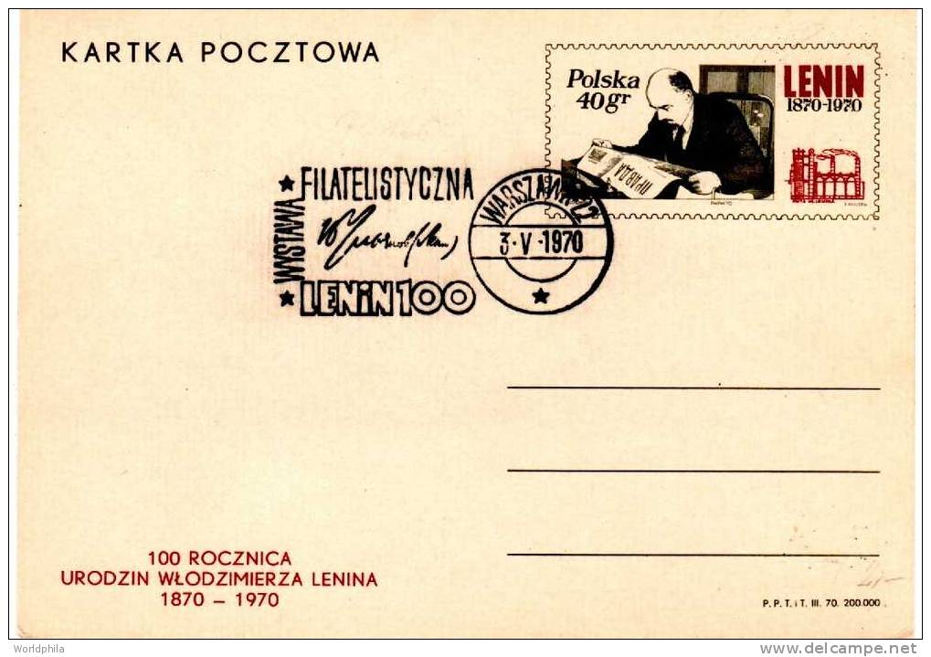 Polska - Polen - Pologne - Poland - "LENIN 100 Anniversary" - Special Postmark On A Postal Card 1970 - Lenin